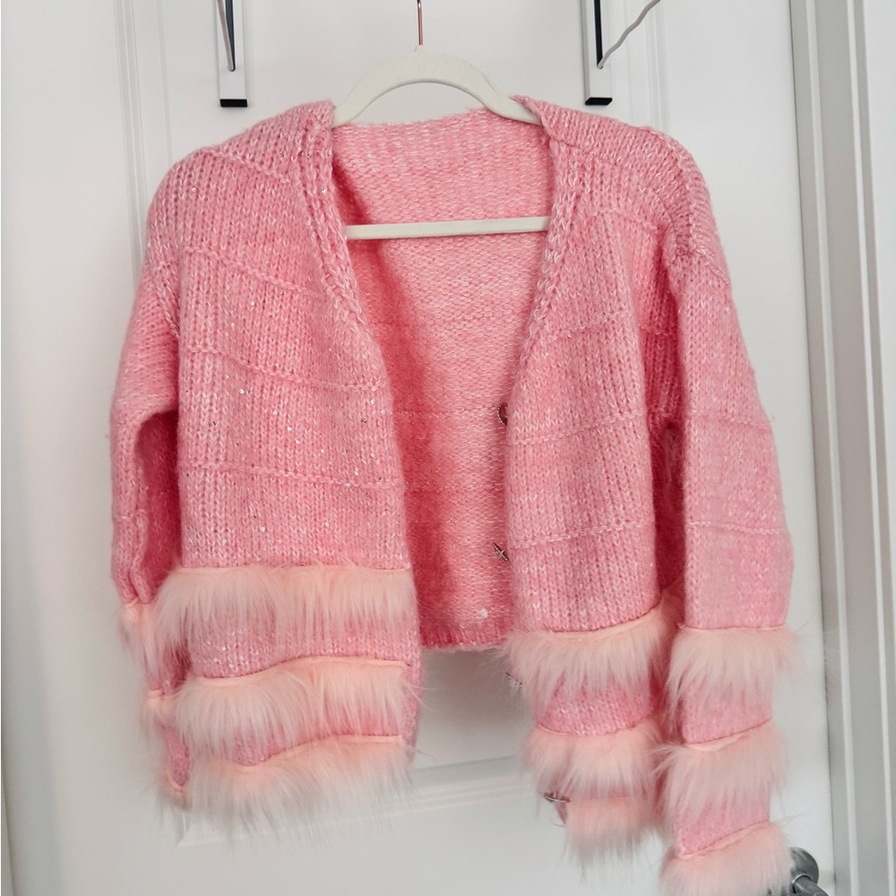 Pink Knit Cardigan with Faux Fur Trim